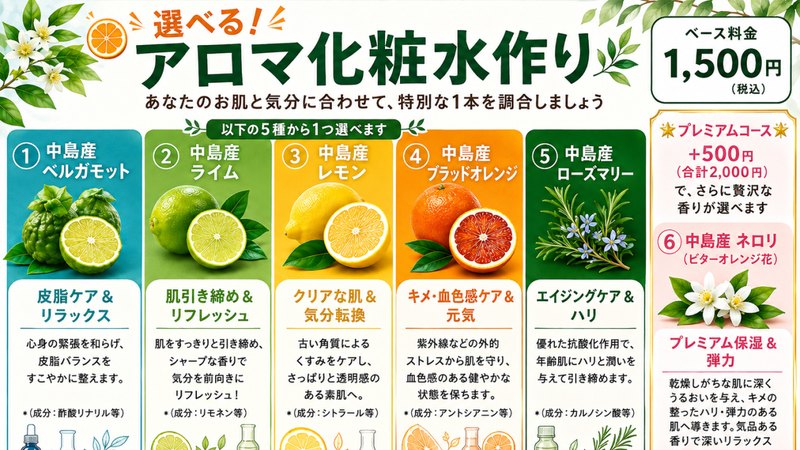 中島産の柑橘から選べるアロマ化粧水作り