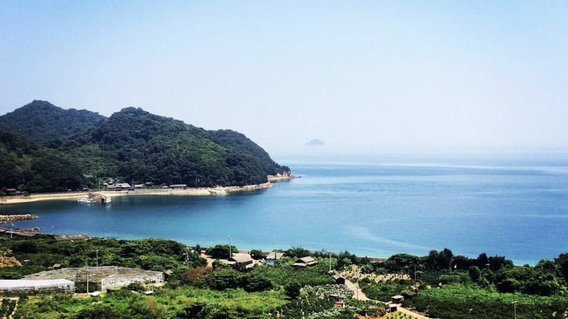高台から望む中島の入り江と瀬戸内の島々